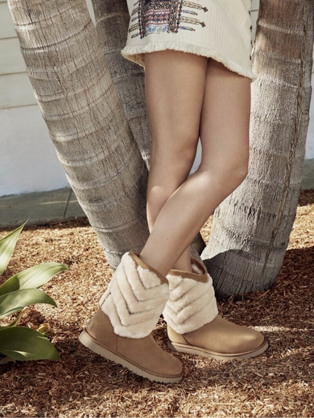 UGG Tania Chestnut Chevron Shearling Ankle Boots in Chestnut and Cream